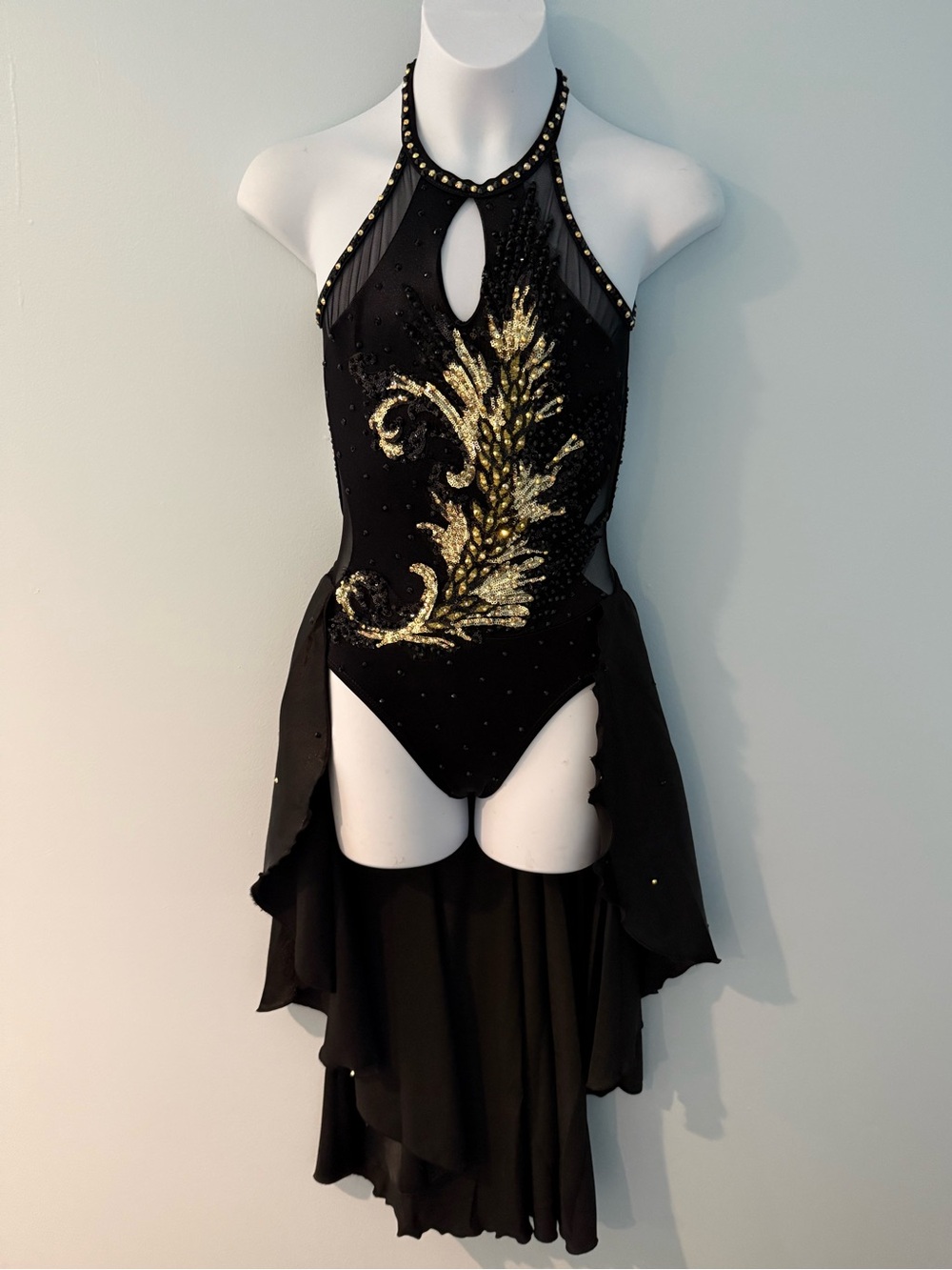 Black & Gold Rhinestone Dance Dress: Child Medium, Feather Appliqué